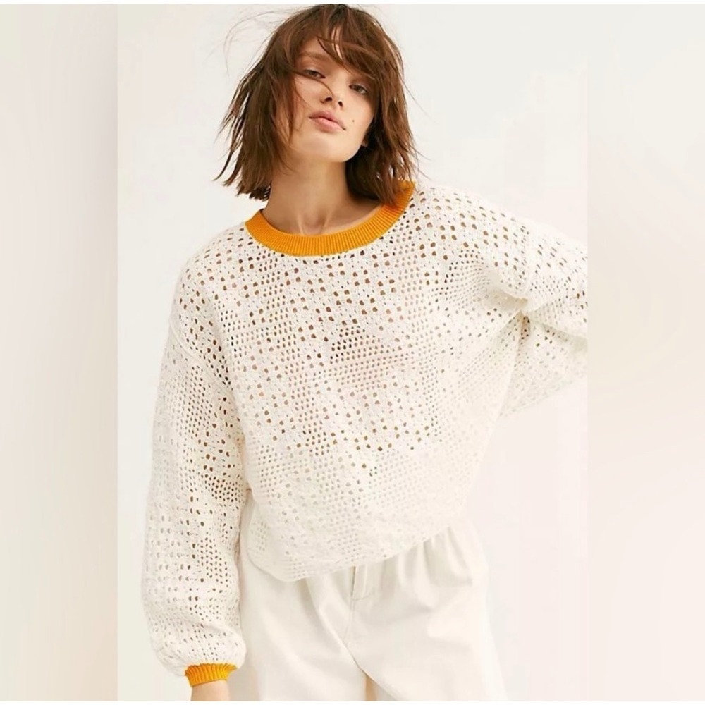 Free People Open‎ Knit Sweater White Yellow Home Run Pullover Boho Crop Size S